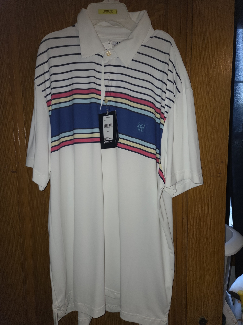 Chaps Men's White Polo with Blue and Pink Stripe Panel